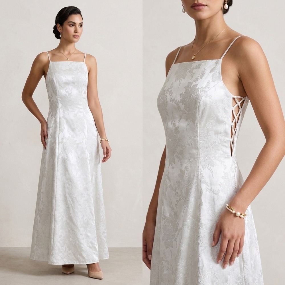 Steppin‎ Out Maxi Dress Womens 7/8 Silver Floral Brocade Lace Up Y2K Prom Gown